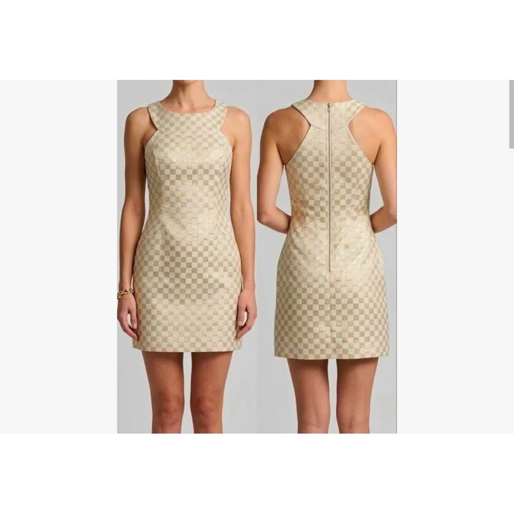 Lilly Pulitzer Gold White Checkered Metallic Jacquard Shift Dress Size 12